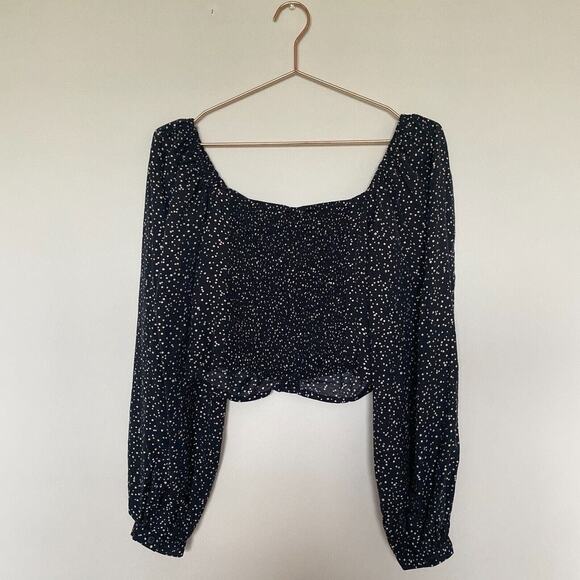 A New Day Boho Black White Balloon Sleeve Blouse Ruched Crop Top Size Medium - Picture 12 of 12